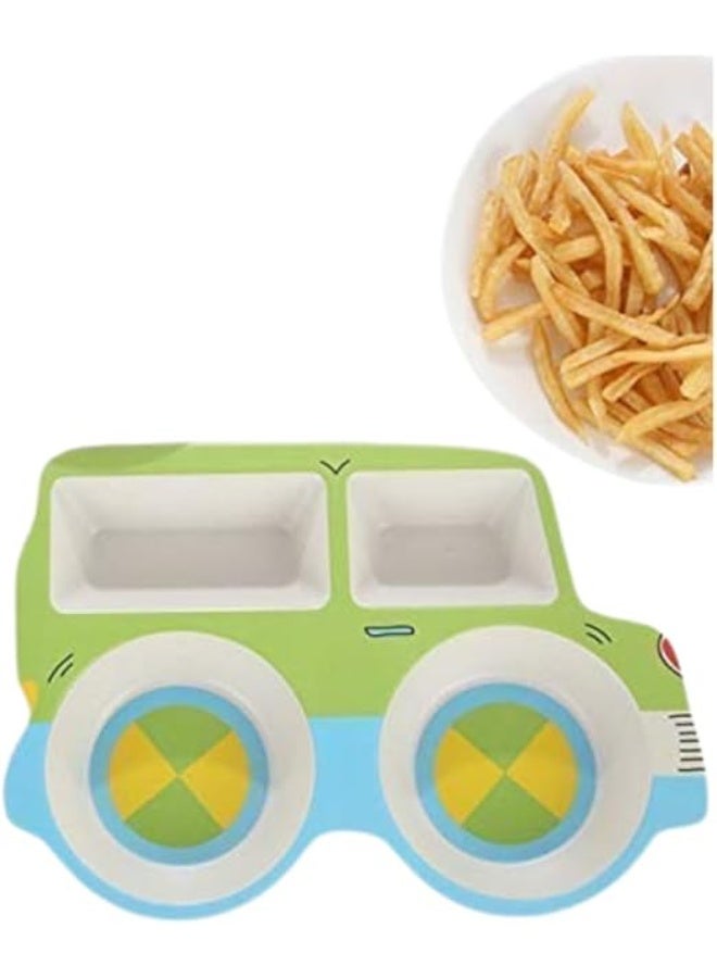 Bus Divided Dinner Plate and Bamboo Fiber Weaning Set with BPA Free Plastic Spoon, Fork and Knife, Eco-Friendly Flatware Set Including Bowl for Indoor and Outdoor Eating Green  - Image 4