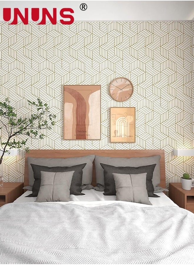 UNUNS Geometric Wallpaper,Peel and Stick Wallpaper,Boho Hexagon Removable Self Adhesive Wallpaper,Gold Stripes Contact Paper Geometric Vinyl Film Decorative Shelf Drawer Waterproof,45cmx10m  - Image 2