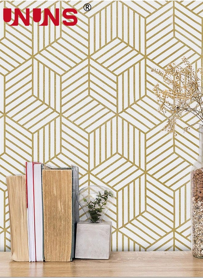UNUNS Geometric Wallpaper,Peel and Stick Wallpaper,Boho Hexagon Removable Self Adhesive Wallpaper,Gold Stripes Contact Paper Geometric Vinyl Film Decorative Shelf Drawer Waterproof,45cmx10m  - Image 1