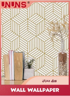UNUNS Geometric Wallpaper,Peel and Stick Wallpaper,Boho Hexagon Removable Self Adhesive Wallpaper,Gold Stripes Contact Paper Geometric Vinyl Film Decorative Shelf Drawer Waterproof,45cmx10m  - Image 1