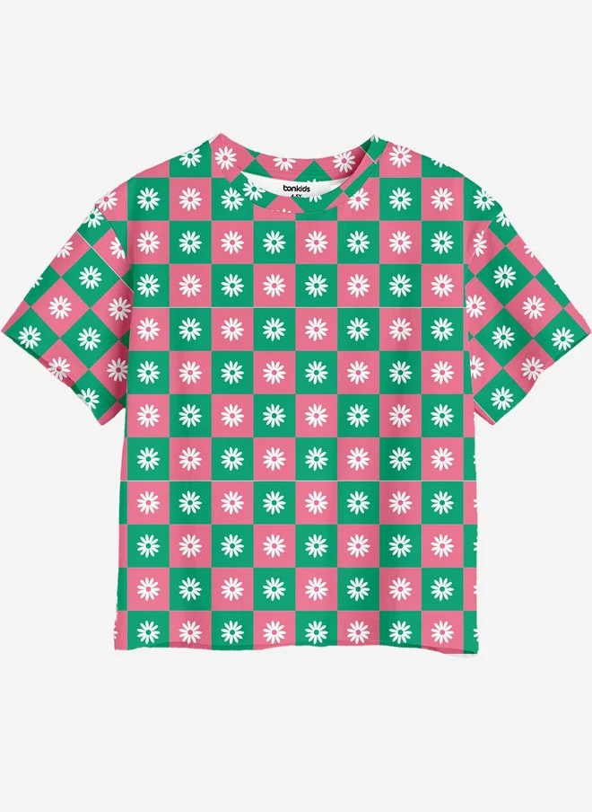 بونكيدز BONKIDS Girls Geometric Printed Round Neck Applique Cotton Oversized T-shirt