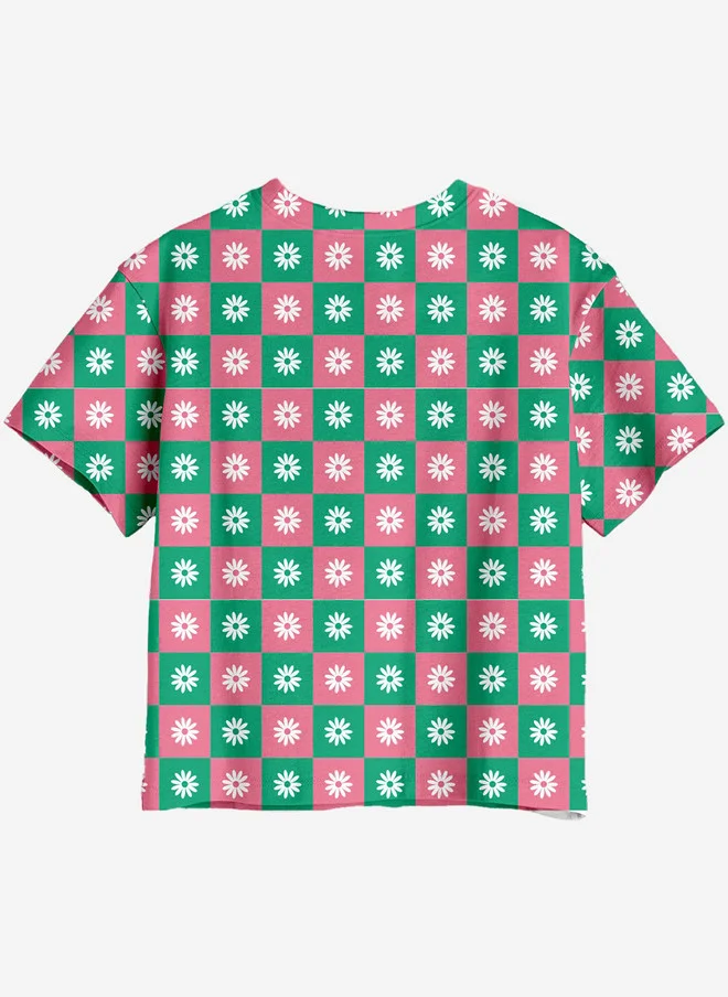 بونكيدز BONKIDS Girls Geometric Printed Round Neck Applique Cotton Oversized T-shirt