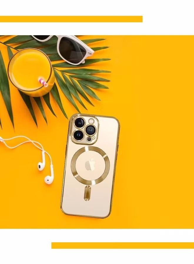 Zaboon iPhone 14 Pro Max Magnetic Case Support MagSafe Charger Wireless Anti Scratch Shockproof Clear Four Corner Cushion Screen Protector Anti Dropping Full Body Protection Cover Gold - Image 5