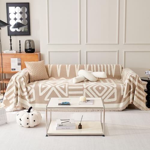 VC Life VClife Boho Couch Cover Sofa Covers, Chenille Khaki Couch Covers for Sectional Sofa Washable Breathable Love Seat Couch Covers for 2 Cushion Couch Living Room Furniture Protector, 71''x118'' - Image 1