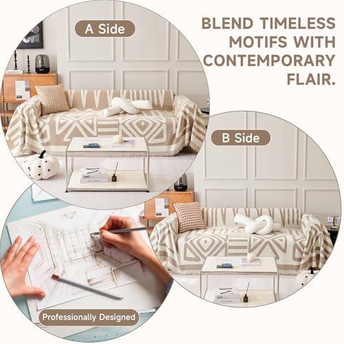 VC Life VClife Boho Couch Cover Sofa Covers, Chenille Khaki Couch Covers for Sectional Sofa Washable Breathable Love Seat Couch Covers for 2 Cushion Couch Living Room Furniture Protector, 71''x118'' - Image 3