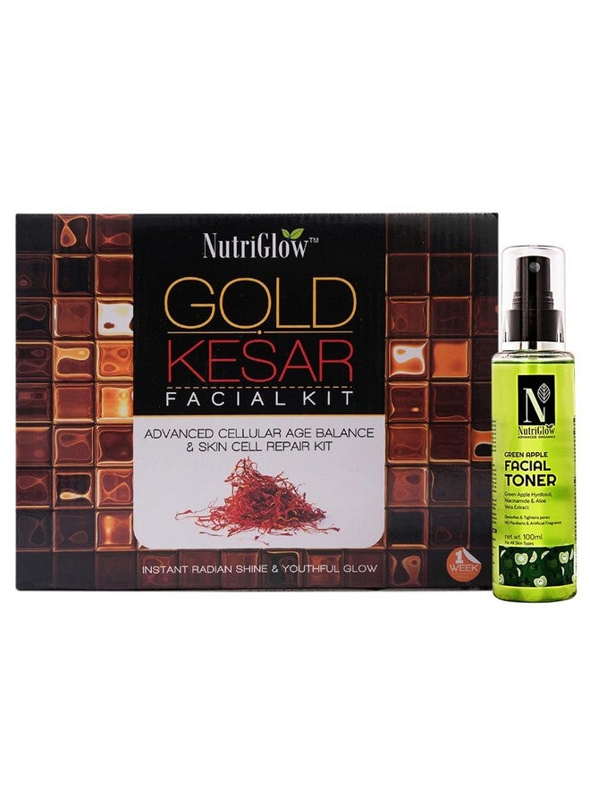 NUTRIGLOW Gold Kesar Facial Kit (250Gm+10Ml) For Acne & Pimple Blemishes Treatment & Green Apple Toner (100Ml) Hydrating Radiant Skin Paraben & Sulphate Free Pack Of 2 - Image 1