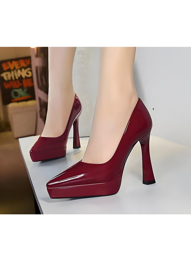 بيج تري المرأة مغلقة موجهة إصبع القدم مضخات الكعب العالي سميكة الحزب اللباس الأحذية النبيذ الأحمر 12CM - Image 3