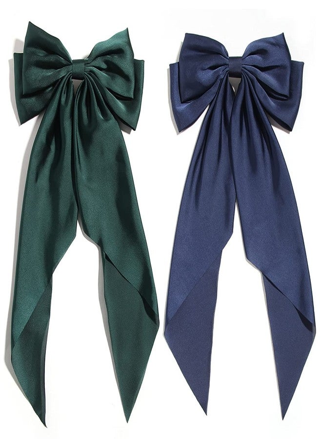 WHISKET Big Satin Layered Hair Bows for Women Girls Barrette Hair Clip Long Ribbon Bows Style Hair Accessories [PACK OF 2] (GREEN) - Image 2