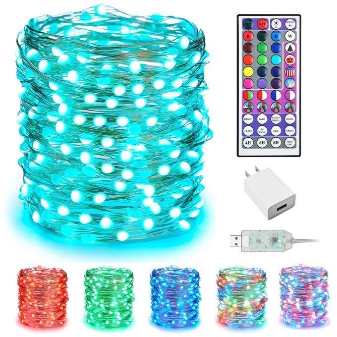 UPGRADED COLOR CHANGING FAIRY STRING LIGHTS 33 FT 100 LED 24 COLORS USB SILVER WIRE LIGHTS WITH REMOTE AND TIMER FOR DIY BEDROOM PARTY INDOOR CHRISTMAS DECORATION ADAPTER INCLUDED