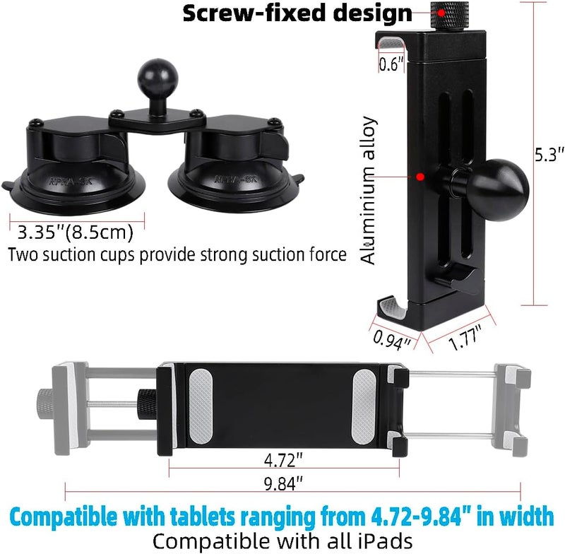 Leenconghui Aluminum Tablet Holder for All iPad, 360° adjustable Secure Double Suction Cup Mount for Car Truck Windshield,Sunroof, Compatible with iPad Pro 12.9 Mini Air, Galaxy Tabs and 4.7-15" Tablets - Image 4