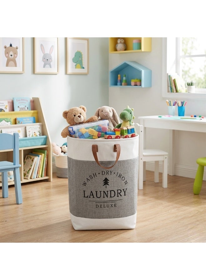 Large Laundry Basket & Toy Storage - Foldable Linen Organizer with Leather Handles, Grey - Image 2