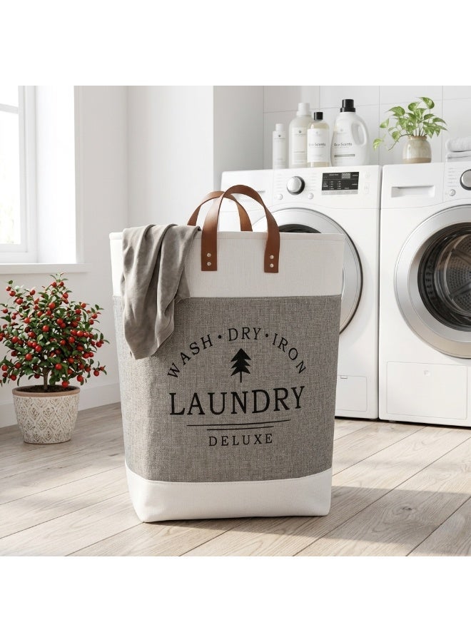 Large Laundry Basket & Toy Storage - Foldable Linen Organizer with Leather Handles, Grey - Image 3