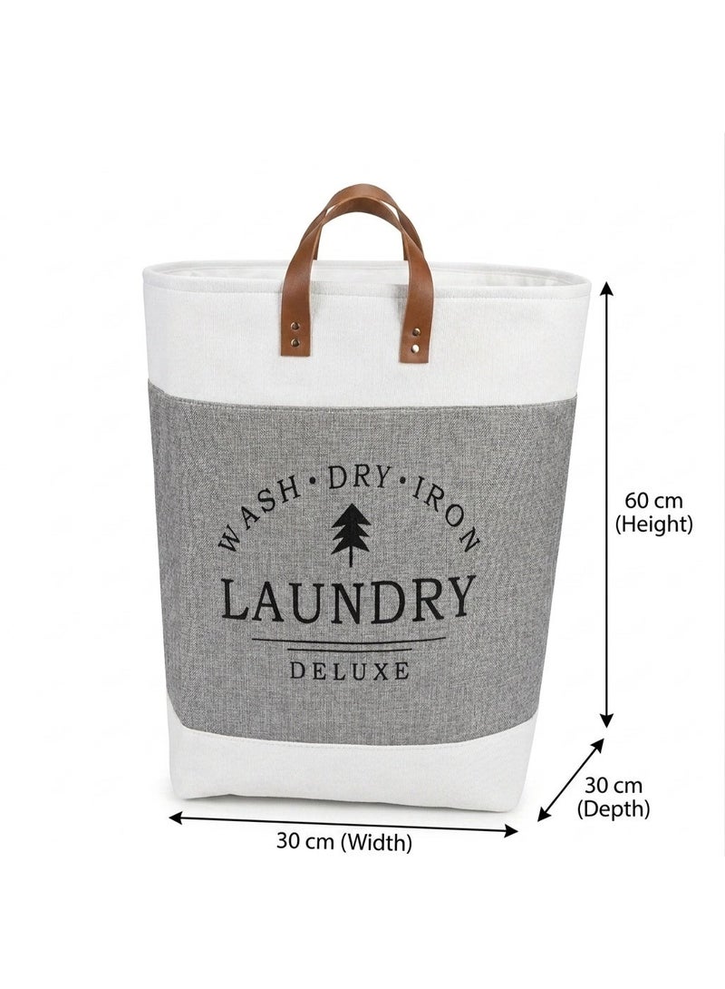 Large Laundry Basket & Toy Storage - Foldable Linen Organizer with Leather Handles, Grey - Image 4