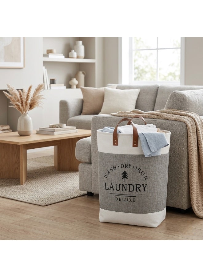 Large Laundry Basket & Toy Storage - Foldable Linen Organizer with Leather Handles, Grey - Image 1