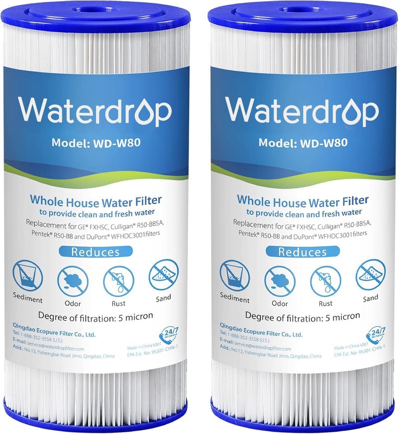 Waterdrop FXHSC Whole House Water Filter, Replacement for GE® FXHSC, GXWH40L, GXWH35F, American Plumber W50PEHD, W10-PR, Culligan® R50-BBSA, 5 Micron, 10" x 4.5", High Flow Sediment Filters, Pack of 2 - Image 1