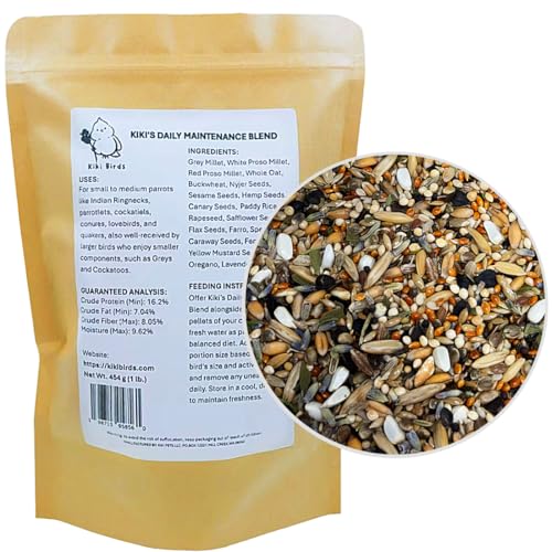 KikiBirds Premium Parrot Food| Protein-Rich Low-Fat Formula | Cockatiel, Conure, Lovebird, Quaker, Parrotlet | No Corn, Soy, Peanuts | Gourmet Whole Grains & Seeds | Daily Maintenance Blend (1 lb) - Image 1