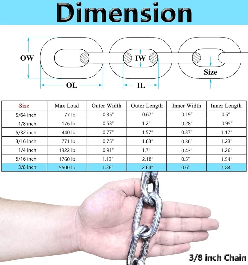 Lsqurel Stainless Steel Chain, 3/8inch Heavy Duty Chain Link Chain 6.5feet Safety Chain Utility Chain Metal Chain for Indoor and Outdoor - Image 2