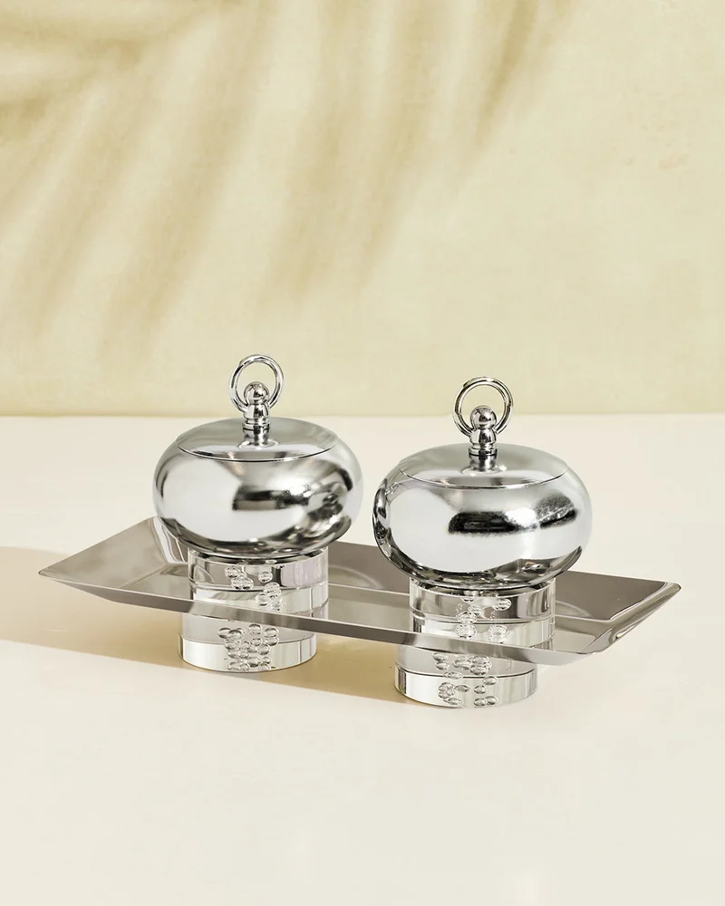 Redtag Silver Rectengular Tray with Round Bowl Set (3 Piece)