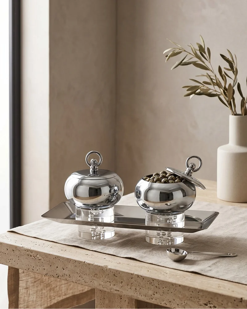 Redtag Silver Rectengular Tray with Round Bowl Set (3 Piece)
