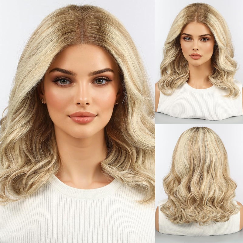 starluck Wigs Human Hair Lace Front Wigs Human Hair for Women Ombre Ash Blonde Pelucas De Mujer Pelo Humano 16 Inch Wavy Realistic and Natural Daily Wear