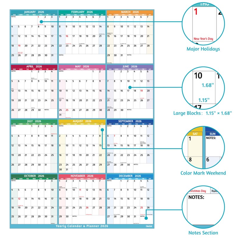 BowCuk 2026 Yearly Wall Calendar - Large Yearly Calendar 2026 Vetical, Jan 2026 - Dec 2026, 25.2" x 38.2" (Open), 2026 Calendar, Large Wall Calendar 2026, Full Year Paper with Notes, Thicker Paper - Image 4