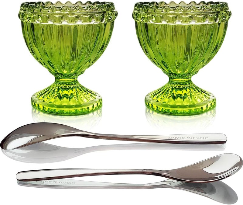 NobleEgg Glass Egg Cups for Soft Boiled Eggs | Egg Spoons | Vintage Style | Green, 2 - Image 1