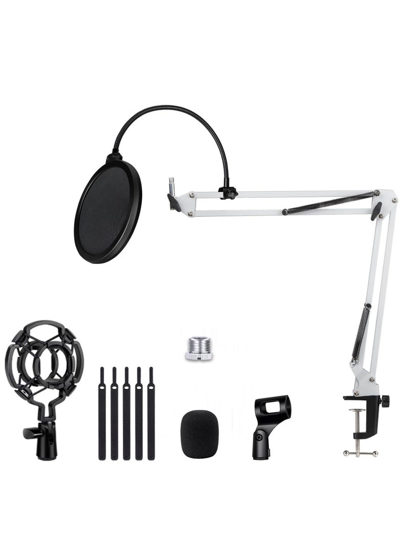 XiuWoo Microphone Stand Set, Adjustable Desk Suspension Scissor Arm Stand for Podcasting, Live Streaming, Recording, Heavy Duty Mic Boom Arm with Mic Clip, Shock Mount, Pop Filter, White  - Image 1