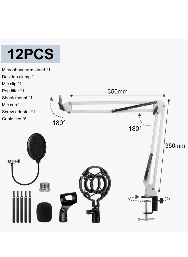 XiuWoo Microphone Stand Set, Adjustable Desk Suspension Scissor Arm Stand for Podcasting, Live Streaming, Recording, Heavy Duty Mic Boom Arm with Mic Clip, Shock Mount, Pop Filter, White  - Image 3
