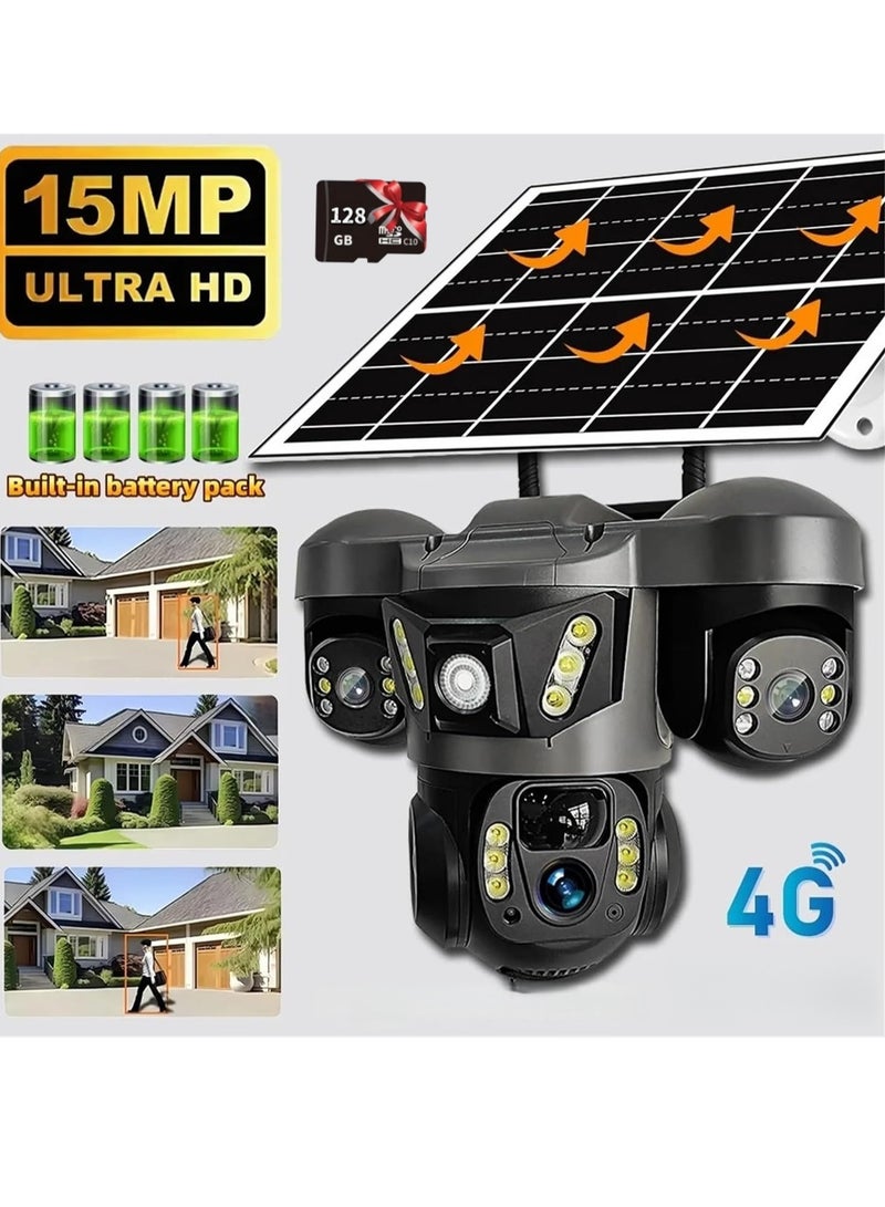 الباندا العملاقة كاميرا خارجية تعمل بالطاقة الشمسية بدقة 15 ميجابكسل مع تقريب 10x وعدسة ثلاثية 4G وشاشة ثلاثية CCTV واكتشاف الحركة PIR ومراقبة أمنية (بطاقة 128 جيجابايت) - Image 1