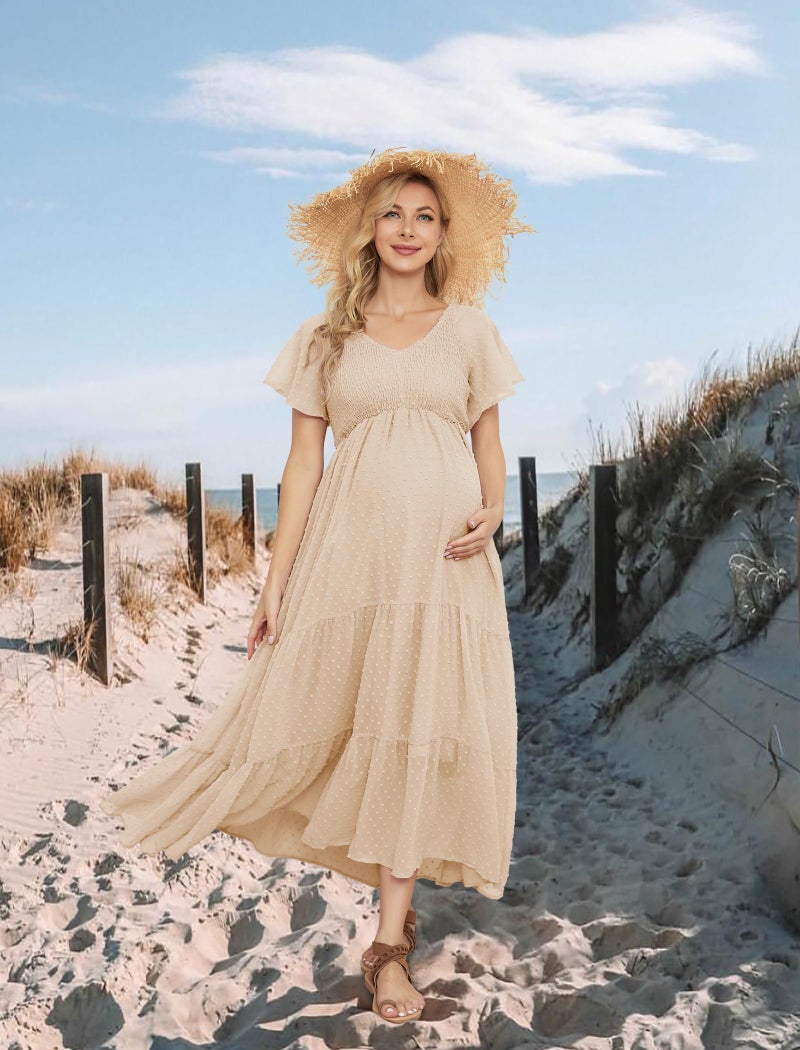 guruixu Swiss Dot Smocked Maternity Dress for Baby Shower Photoshoot Casual V Neck Ruffle Sleeve Empire Waist Tiered Boho Dress Pale Peach - Image 5
