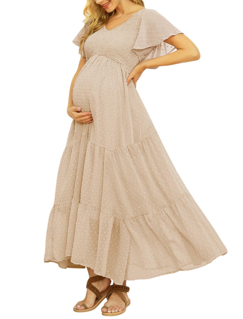 guruixu Swiss Dot Smocked Maternity Dress for Baby Shower Photoshoot Casual V Neck Ruffle Sleeve Empire Waist Tiered Boho Dress Pale Peach - Image 1