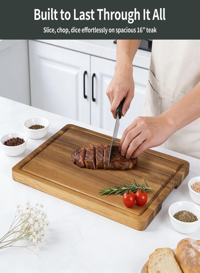 WILLKOMMEN Teak Cutting Board for Kitchen, Teak Wood Chopping Boards with Juice Groove & Handles 16 Inch Solid Wooden Hardwood Cutting Board Heavy Duty Butcher Block for Cooking and Serving - Image 4