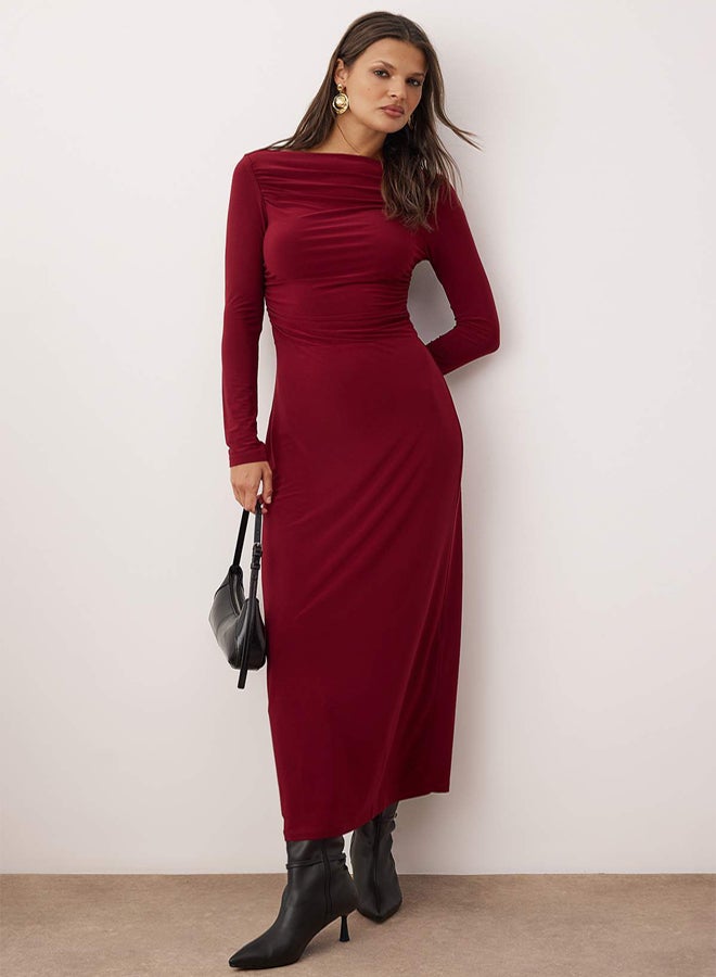 trendyol Burgundy Straight Gather Detailed Asymmetrical Hem Detail Boat Neck Stretchy Midi Knitted Dress - Image 1