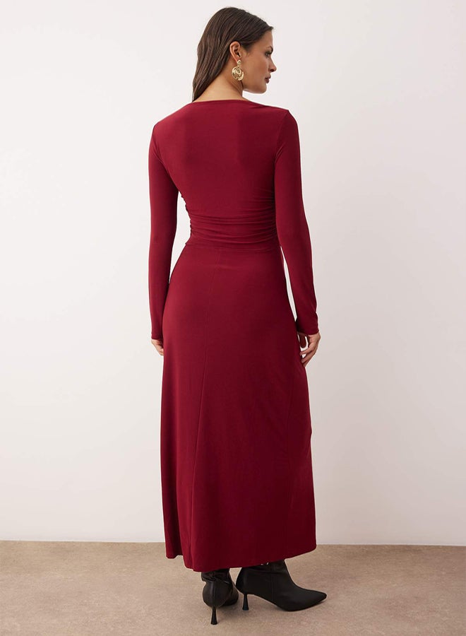 trendyol Burgundy Straight Gather Detailed Asymmetrical Hem Detail Boat Neck Stretchy Midi Knitted Dress - Image 4
