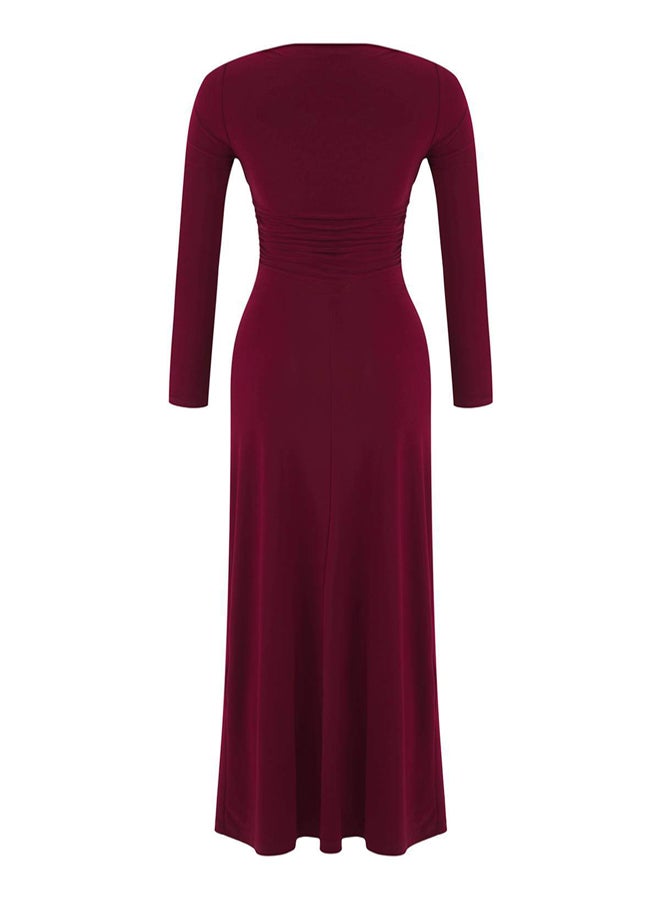 trendyol Burgundy Straight Gather Detailed Asymmetrical Hem Detail Boat Neck Stretchy Midi Knitted Dress - Image 5