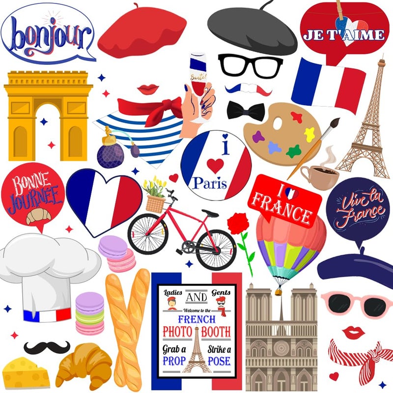 40pcs France Photo Booth Props Htabiol French Photo Booth Props France Party Decorations French Party Decorations Fit for Paris Themed Birthday Bastille Day Decor Eiffel Tower Decor