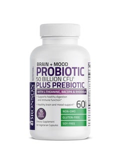 Brain + Mood Probiotic 50 Billion CFU Plus Prebiotic with L-Theanine, Bacopa and Rhodiola Non-GMO, 60 Vegetarian Capsules