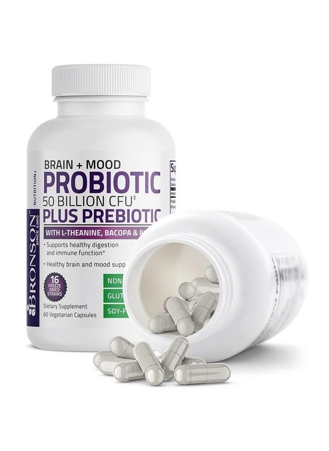 Bronson - Brain + Mood Probiotic 50 Billion CFU Plus Prebiotic with L-Theanine, Bacopa and Rhodiola Non-GMO, 60 Vegetarian Capsules - Image 1