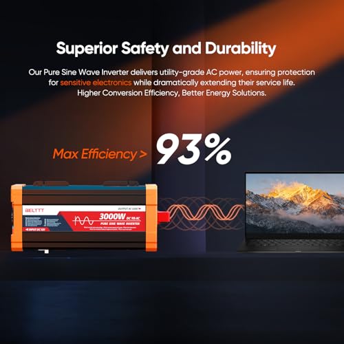 BELTTT 3000W Pure Sine Wave Inverter 12V DC to 120V AC for Solar, Off-Grid, RV, Truck, Home, Power Inverter with Dual AC, 20A Socket, 5V 2.1A USB, Hardwire Port, Remote Controller 23Ft Cable - Image 5