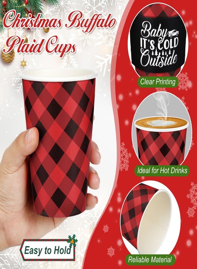 Layhit 24 Pcs Christmas Buffalo Plaid Coffee Cups Christmas Paper Cups Disposable with Lids Sleeves 12 oz for Winter Christmas Hot Cocoa Party Supplies(Black Red,12oz) - Image 3