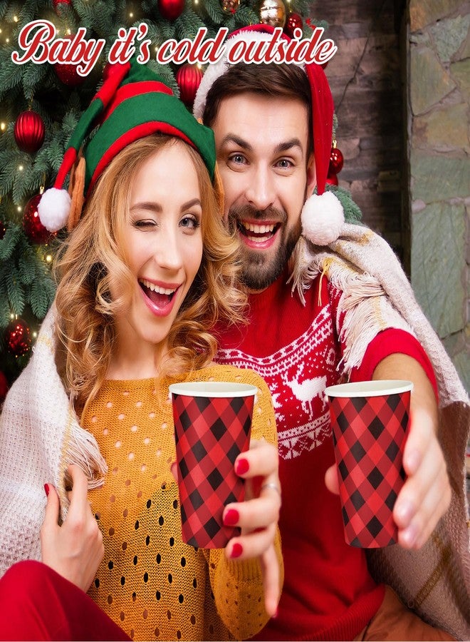 Layhit 24 Pcs Christmas Buffalo Plaid Coffee Cups Christmas Paper Cups Disposable with Lids Sleeves 12 oz for Winter Christmas Hot Cocoa Party Supplies(Black Red,12oz) - Image 2