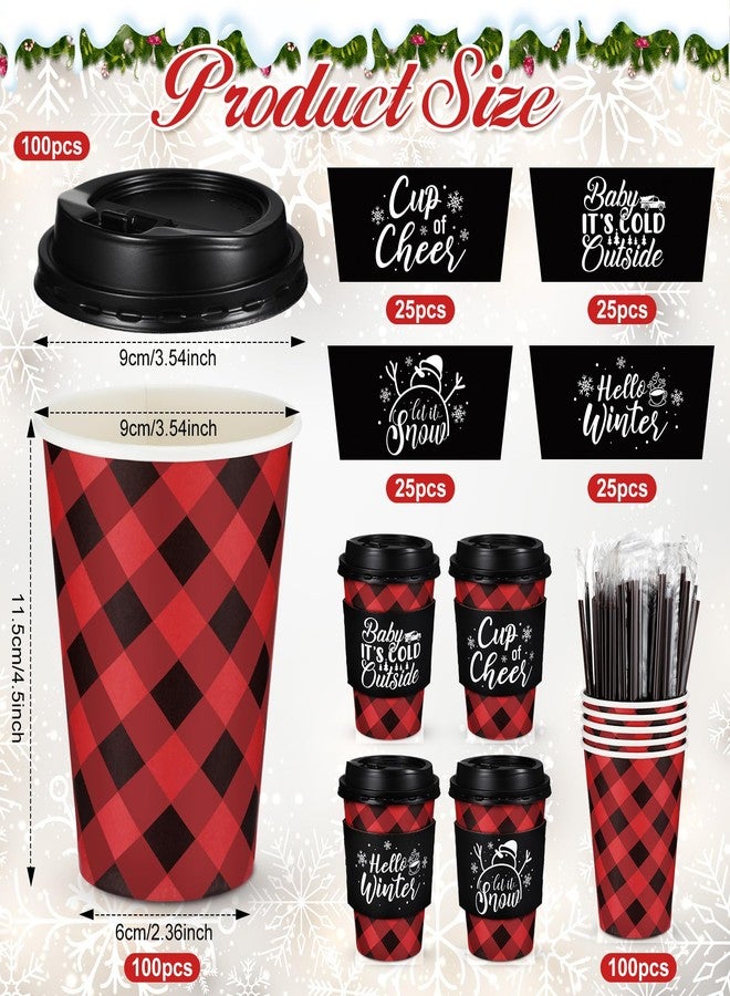 Layhit 24 Pcs Christmas Buffalo Plaid Coffee Cups Christmas Paper Cups Disposable with Lids Sleeves 12 oz for Winter Christmas Hot Cocoa Party Supplies(Black Red,12oz) - Image 5