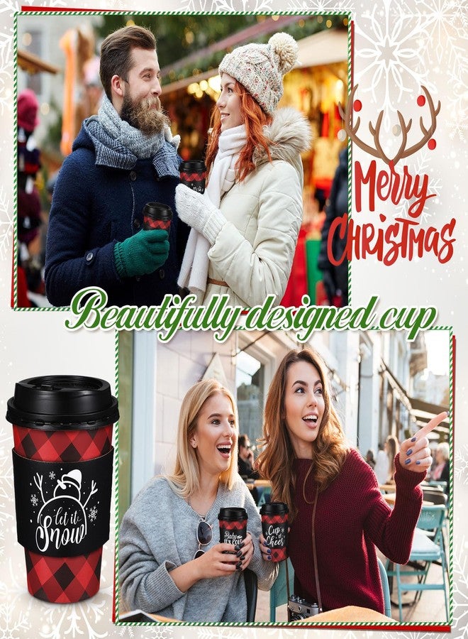 Layhit 24 Pcs Christmas Buffalo Plaid Coffee Cups Christmas Paper Cups Disposable with Lids Sleeves 12 oz for Winter Christmas Hot Cocoa Party Supplies(Black Red,12oz) - Image 4