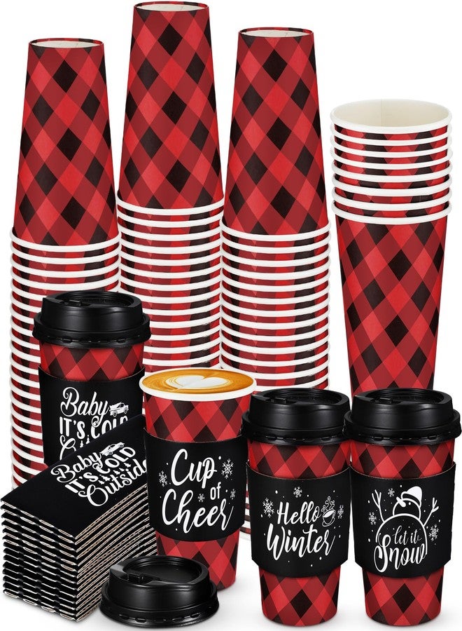 Layhit 24 Pcs Christmas Buffalo Plaid Coffee Cups Christmas Paper Cups Disposable with Lids Sleeves 12 oz for Winter Christmas Hot Cocoa Party Supplies(Black Red,12oz) - Image 1