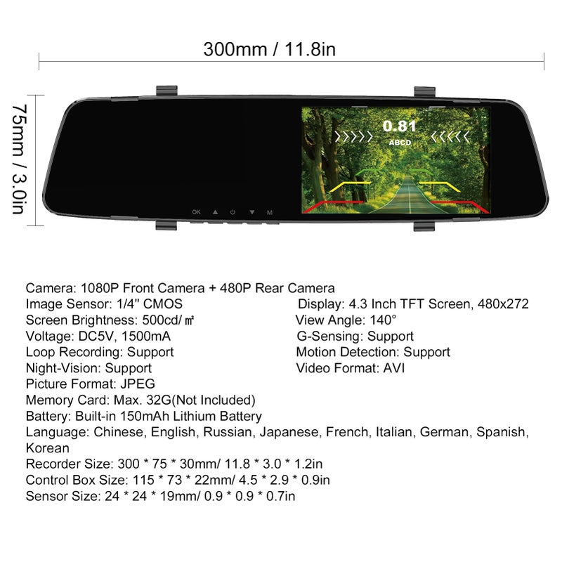 1080P DVR Dash Camera with 4 Parking Sensor Reverse Radars Front & Rear Dual Camera Driving Recorder with 4.3 Inch Screen Support Night-Vision/Motion Detection/Collision Locking/Loop Recording/Reverse Image/Multi-Language - Image 3