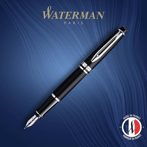 Waterman Expert Fountain Pen, Matte Black with Chrome Trim, Fine Nib with Blue Ink Cartridge, Gift Box - Image 2