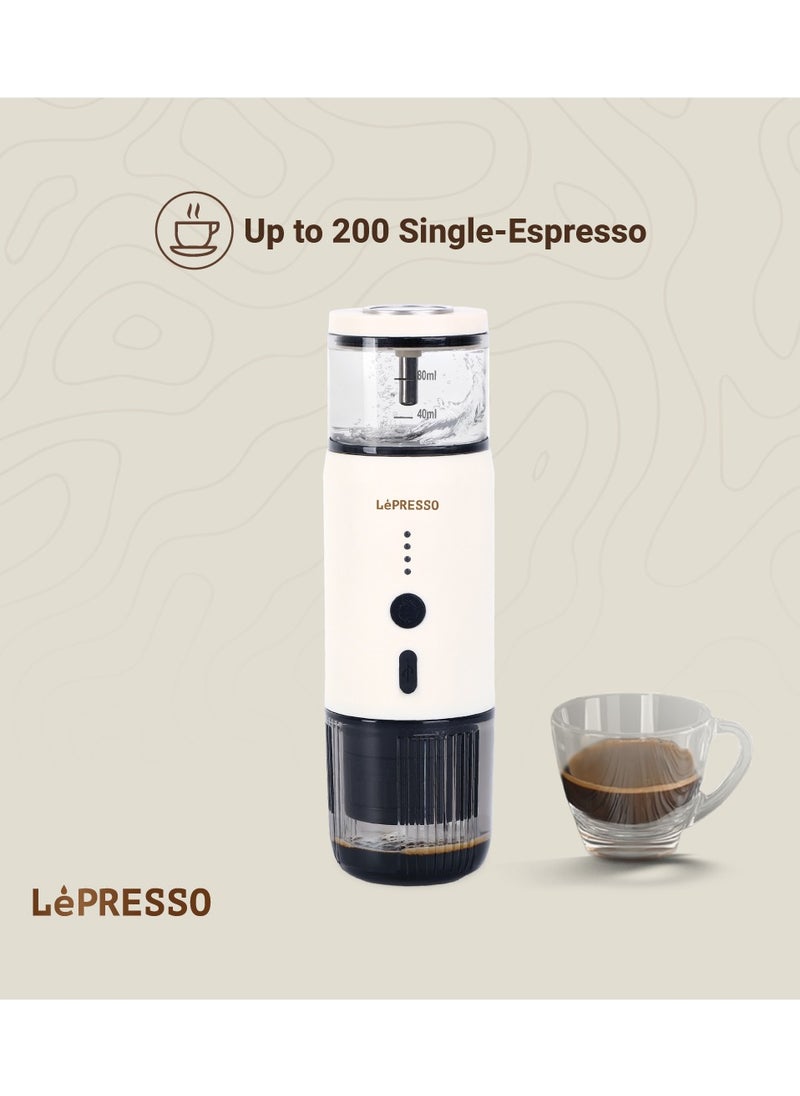LePRESSO - Portable Espresso Coffee Machine with 15 Bar Pressure and Temperature Gauge Coffee Maker / 80ml Water Tank / Heating Extraction / Capsule & Powder - White - Image 1