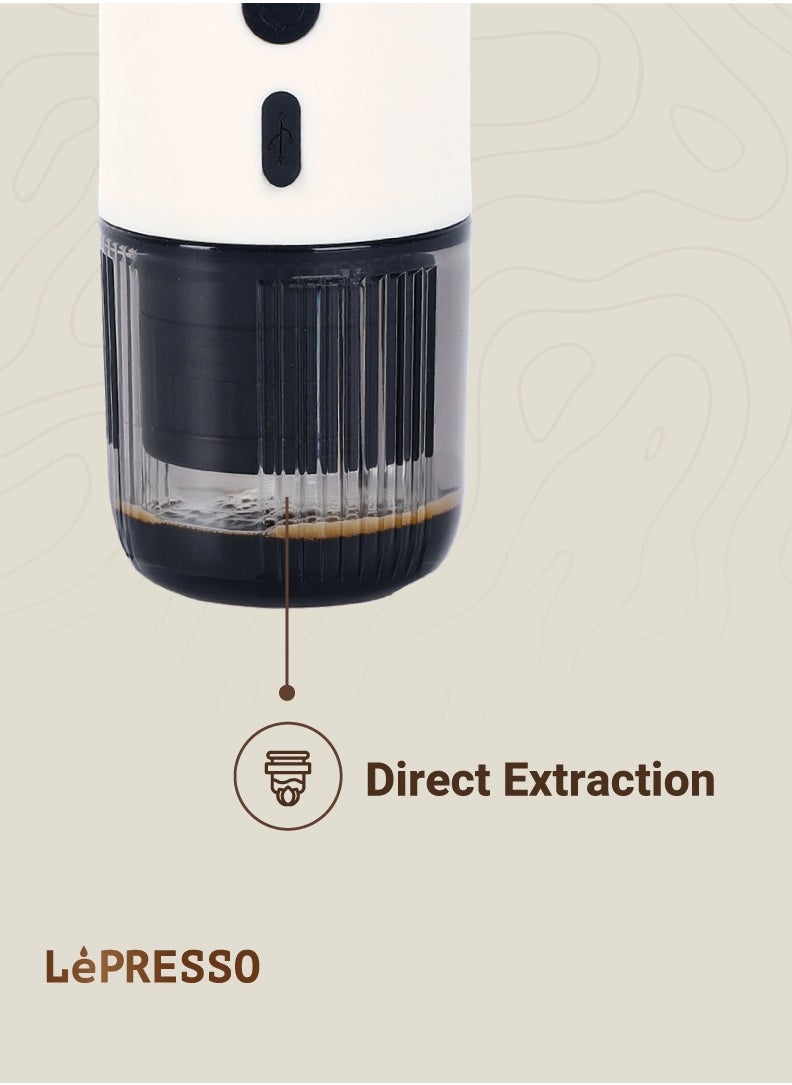 LePRESSO Portable Espresso Coffee Machine with 15 Bar Pressure and Temperature Gauge Coffee Maker / 80ml Water Tank / Heating Extraction / Capsule & Powder - White  - Image 4