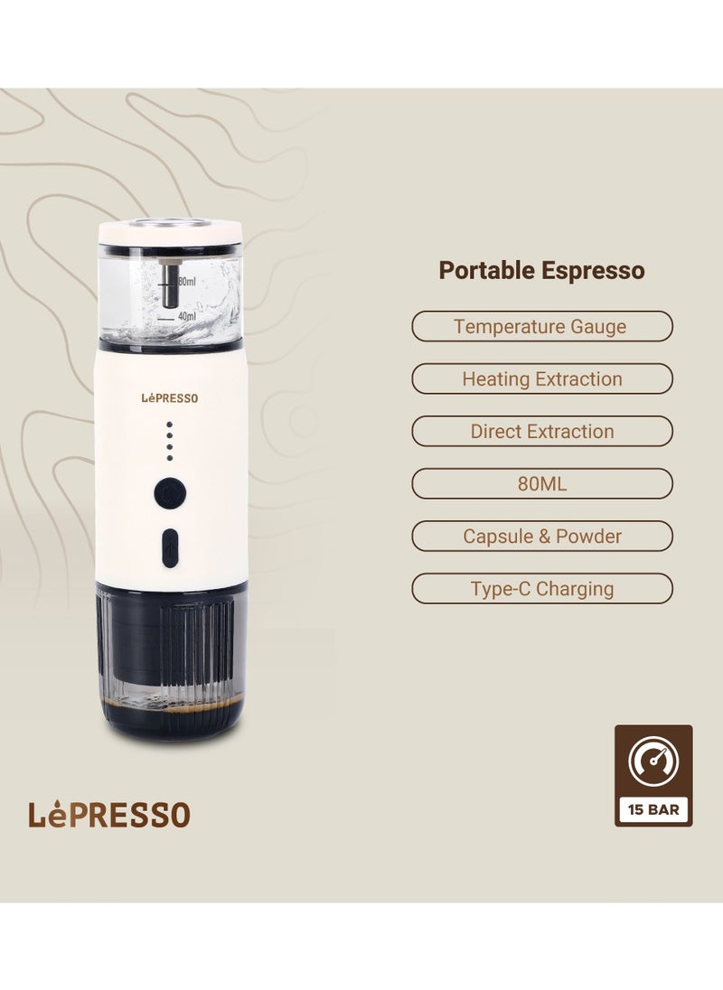 LePRESSO - Portable Espresso Coffee Machine with 15 Bar Pressure and Temperature Gauge Coffee Maker / 80ml Water Tank / Heating Extraction / Capsule & Powder - White - Image 1