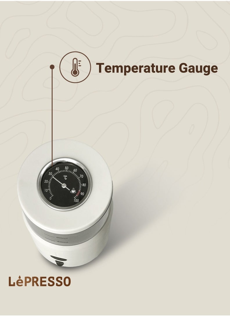 LePRESSO Portable Espresso Coffee Machine with 15 Bar Pressure and Temperature Gauge Coffee Maker / 80ml Water Tank / Heating Extraction / Capsule & Powder - White  - Image 3